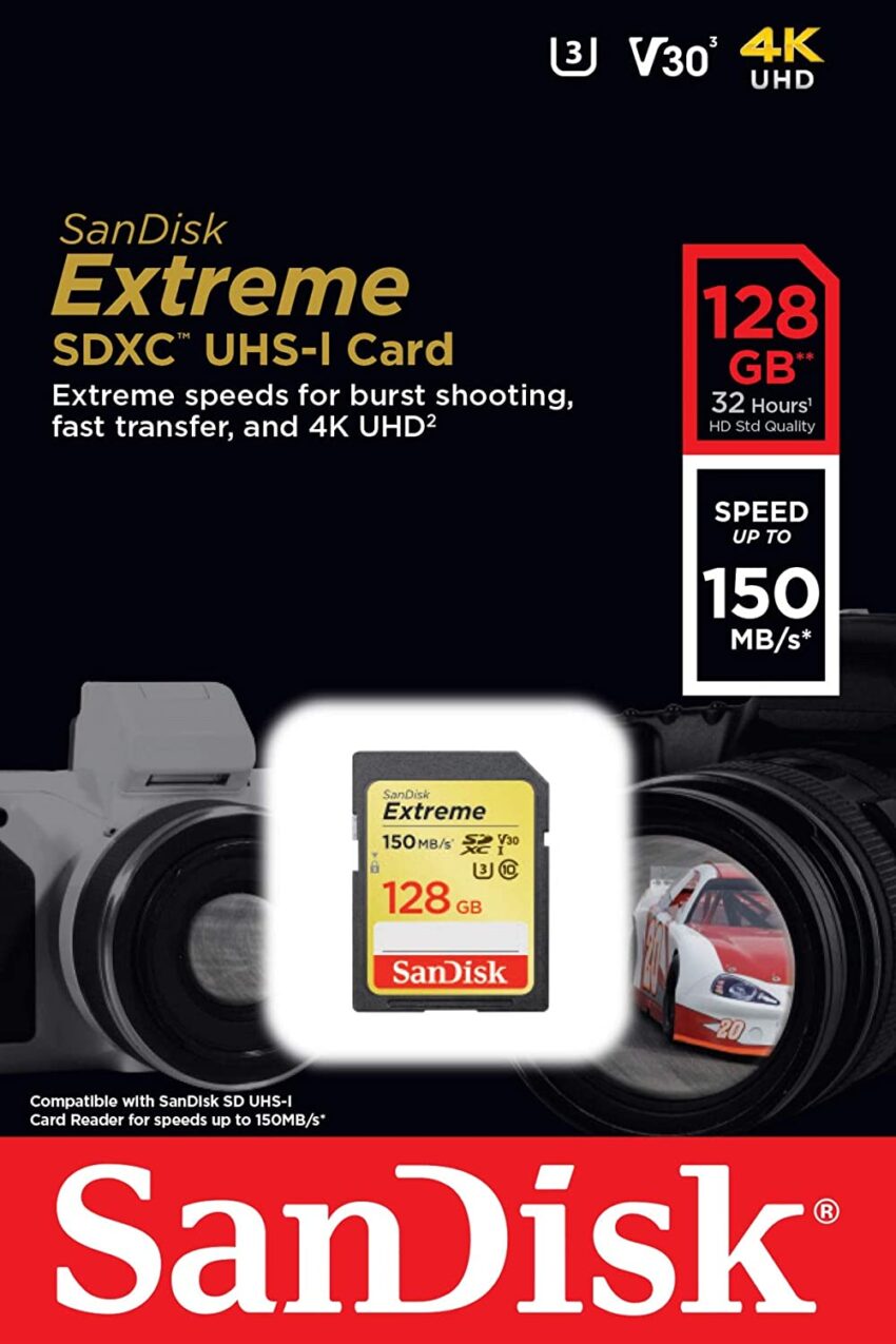 SanDisk 128GB Extreme SDXC UHS-I Card - C10, U3, V30, 4K UHD, SD Card - SDSDXV5-128G-GNCIN 150mbps